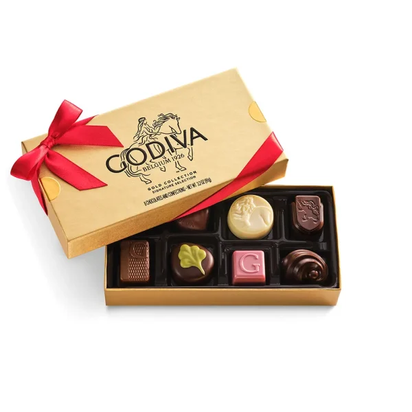 Assorted Chocolate Gold Gift Box, Red Ribbon