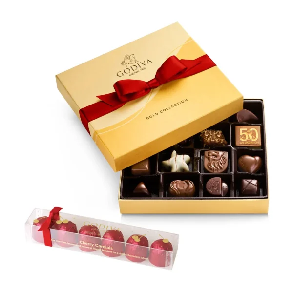 Assorted Chocolate Gold Gift Box with Red Ribbon, 19pc., & Cherry Cordials