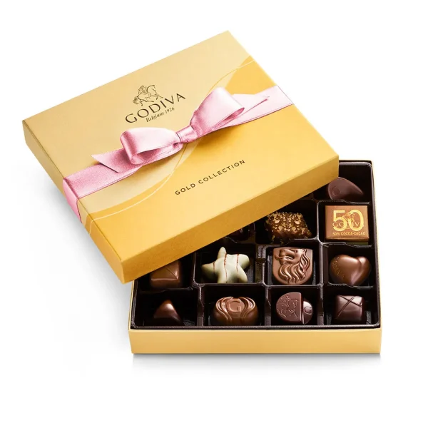 Assorted Chocolate Gold Gift Box, Pink Ribbon, 19 pc.