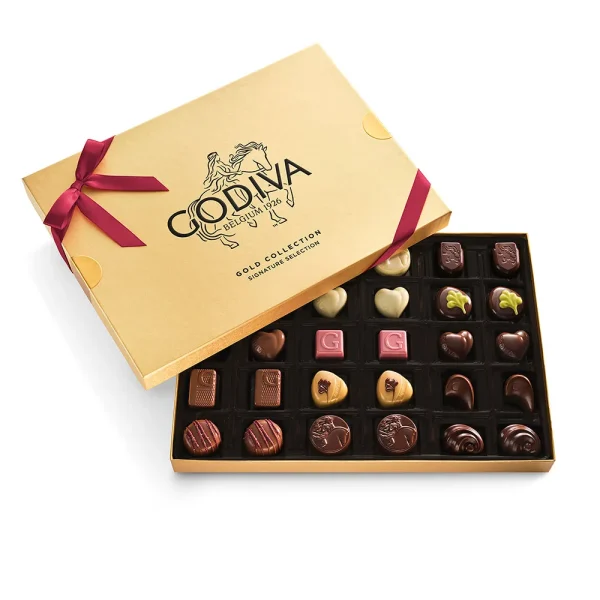 Assorted Chocolate Gold Gift Box, Wine Ribbon, 30pc.