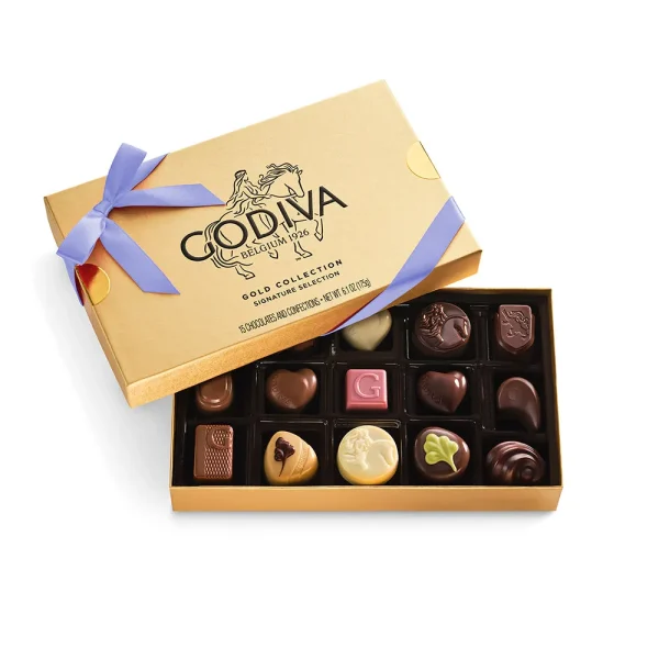 Assorted Chocolate Gold Gift Box, Iris Ribbon, 15pc.